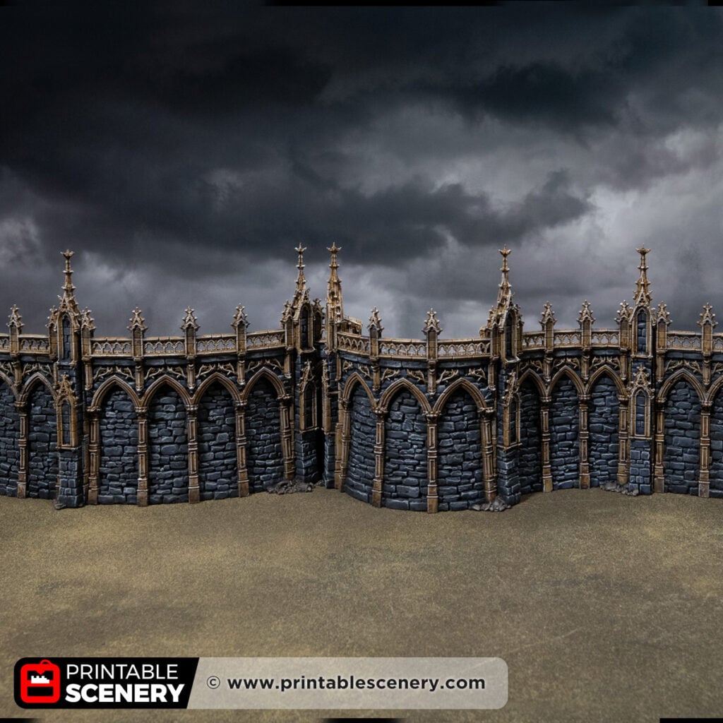 3D printed and Painted Gothic Curved Walls from Darkness and Desolation for wargaming and Tabletop RPGs