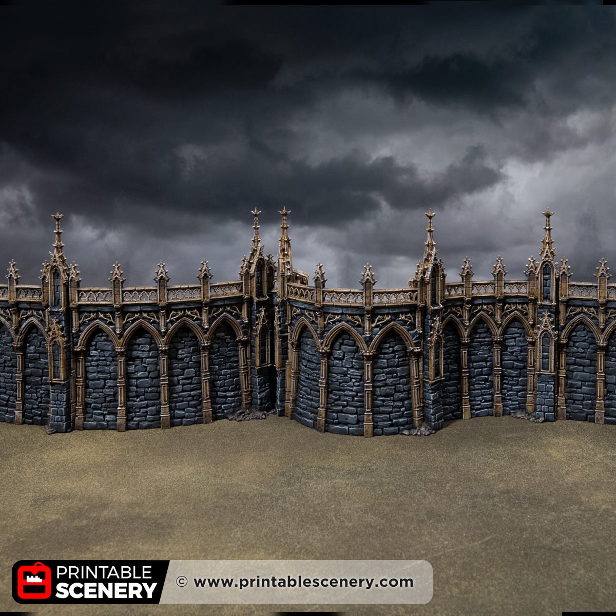 3D printed and Painted Gothic Curved Walls from Darkness and Desolation for wargaming and Tabletop RPGs