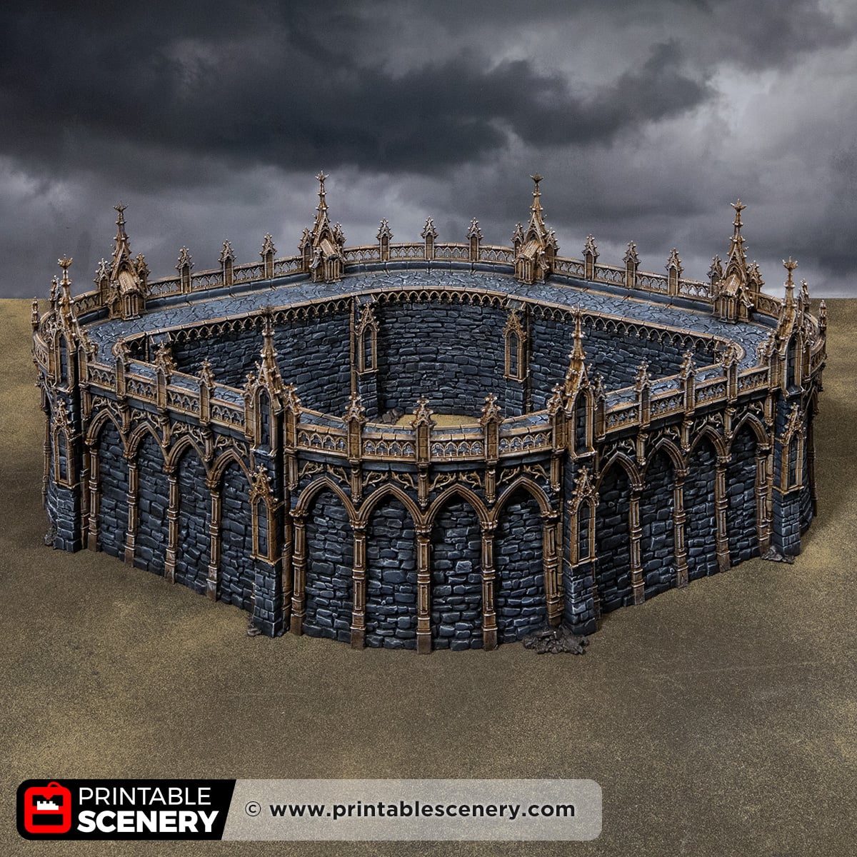 3D printed and Painted Gothic Curved Walls from Darkness and Desolation for wargaming and Tabletop RPGs