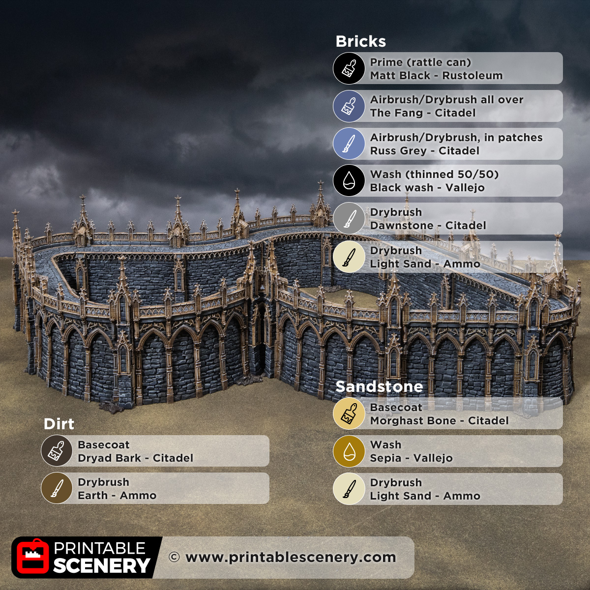 3D printed and Painted Gothic Curved Walls from Darkness and Desolation for wargaming and Tabletop RPGs