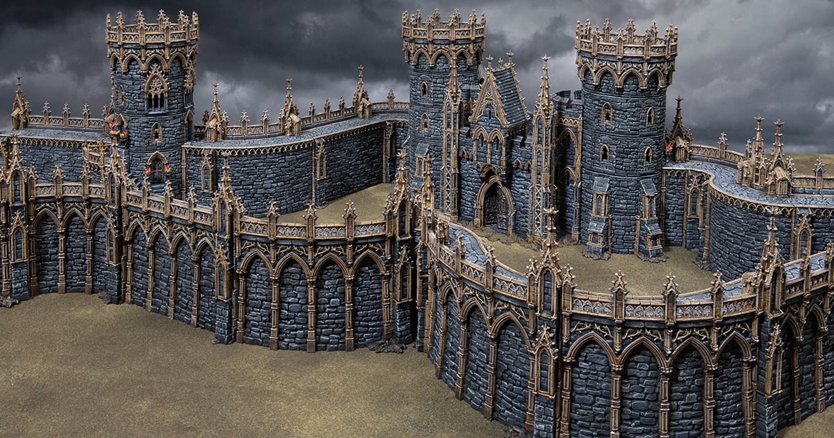 3D printed and Painted Gothic Curved Walls from Darkness and Desolation for wargaming and Tabletop RPGs