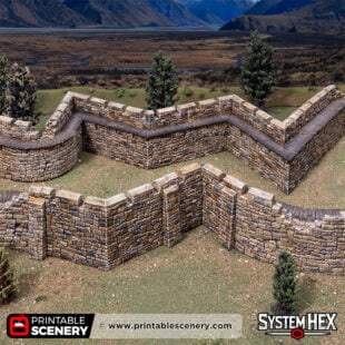 3d printed and painted low angular walls for building tabletop castles