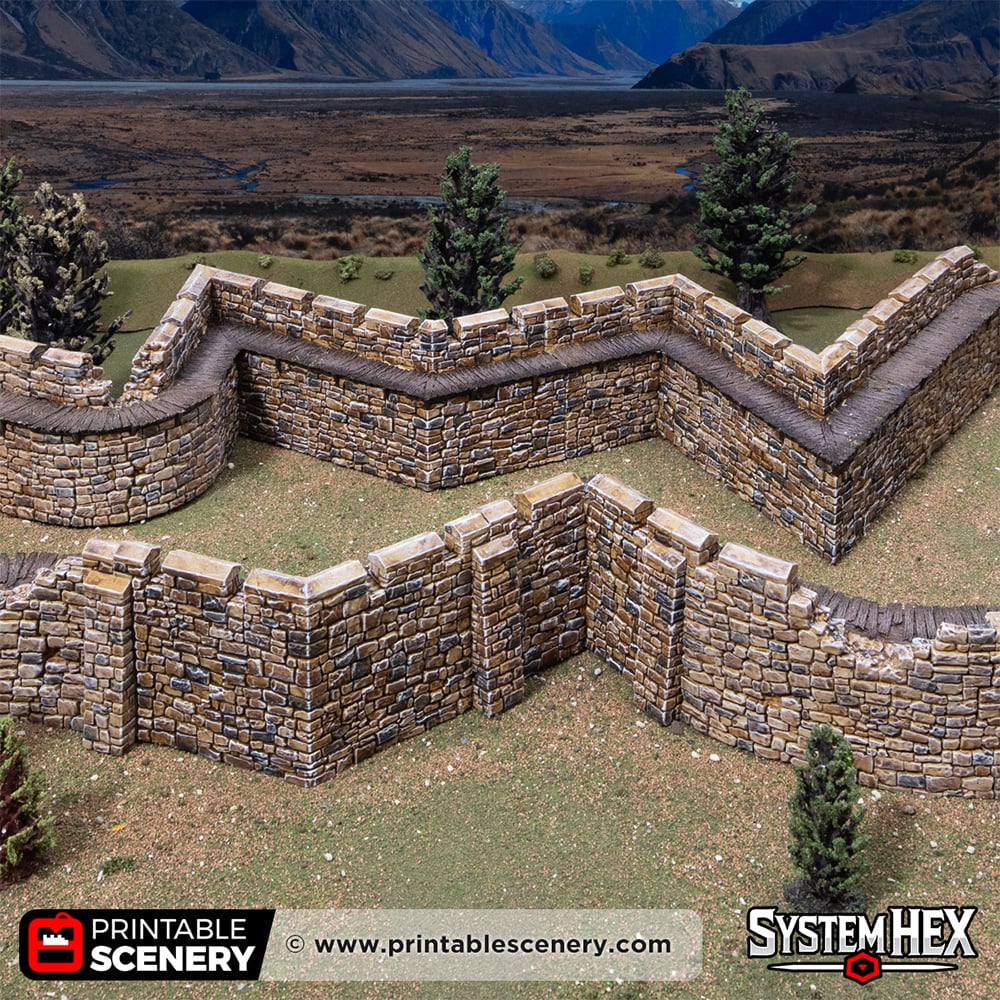 3d printed and painted low angular walls for building tabletop castles