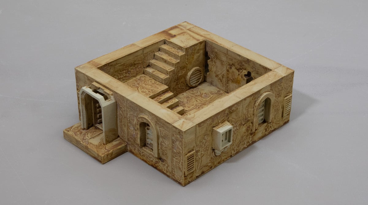 3d printed desert outpost building washed with sepia