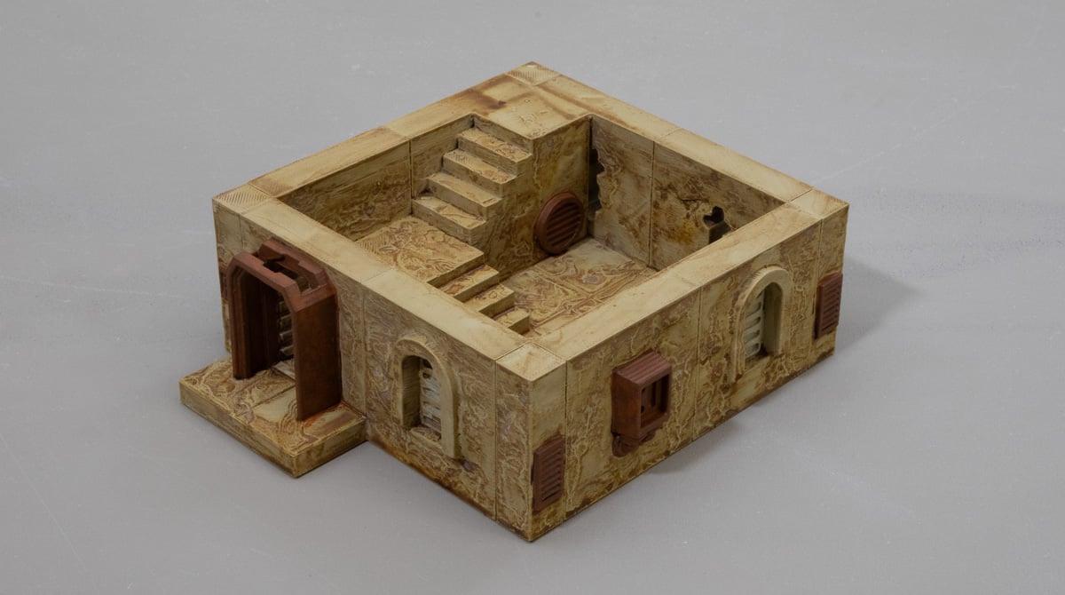 3d printed desert outpost building with metal details painted