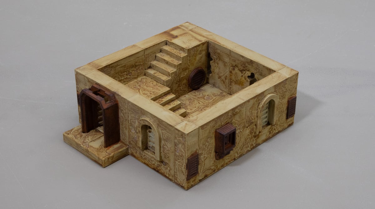 3d printed desert outpost building with metal details painted
