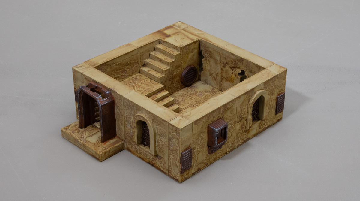 3d printed desert outpost building with metal details painted