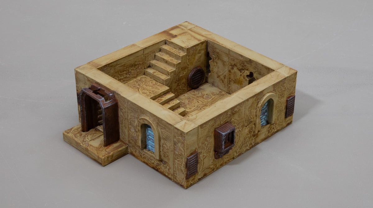 3d printed desert outpost building with metal details painted