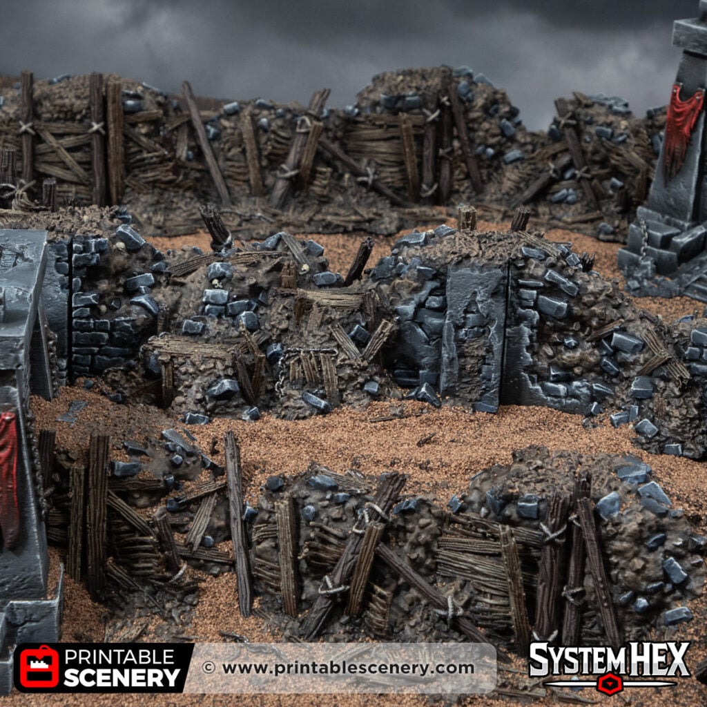3d printed and painted Ruined Trench Forts from the Darkness & Desolation campaign for wargaming and tabletop RPGs