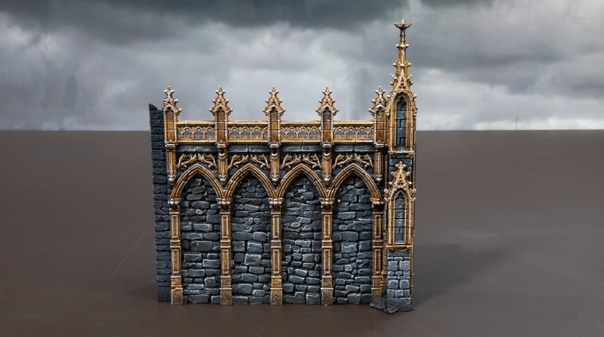 3D printed gothic wall drybrushed with light sand