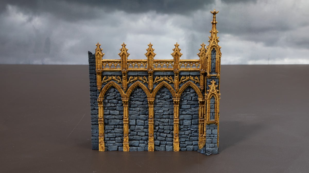 3D printed gothic wall with details washed in sepia