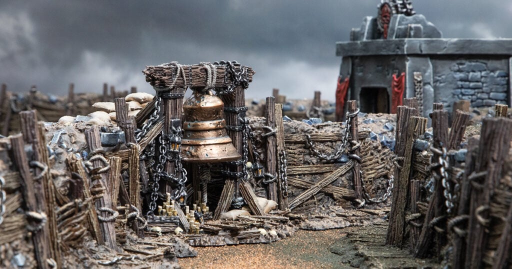 Combined 3D printed and Painted Trench system featuring the Bell from Darkness and Desolation for wargaming and Tabletop RPGs