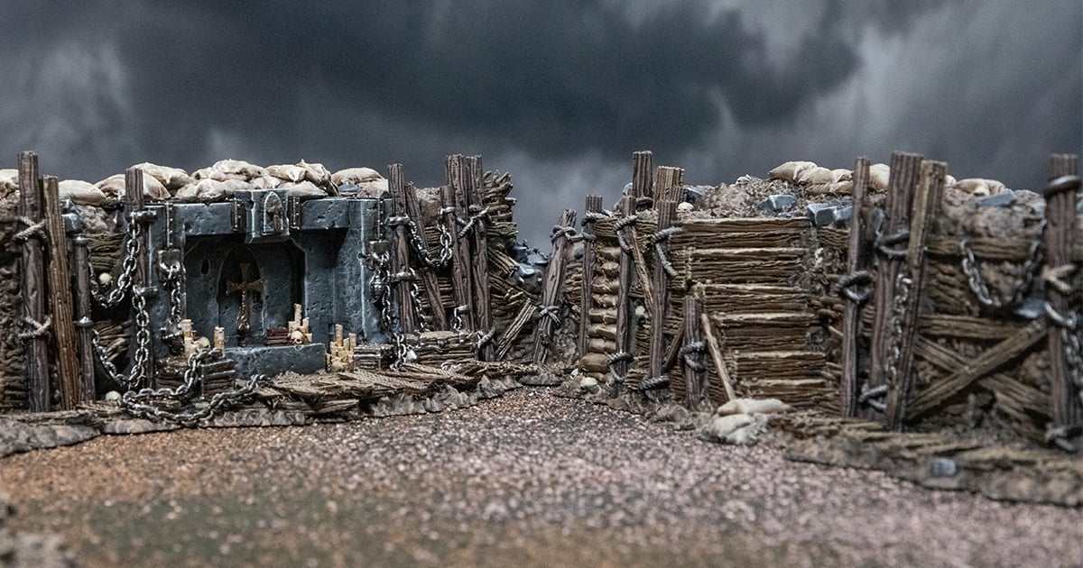 Combined 3D printed and Painted Trench system featuring the Trench Stairs from Darkness and Desolation for wargaming and Tabletop RPGs