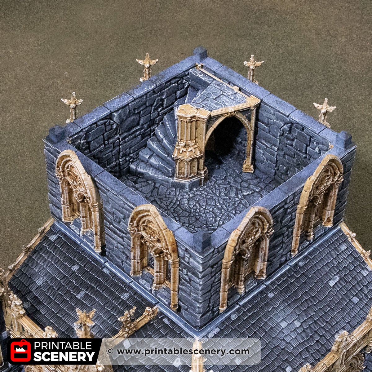 3D printed and Painted Cloister Tower from Darkness and Desolation for wargaming and Tabletop RPGs