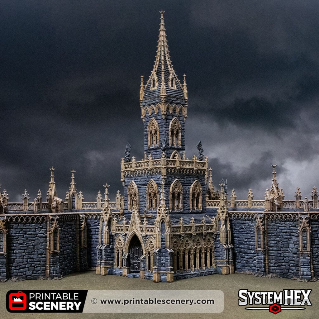 3D printed and Painted Cloister Tower from Darkness and Desolation for wargaming and Tabletop RPGs