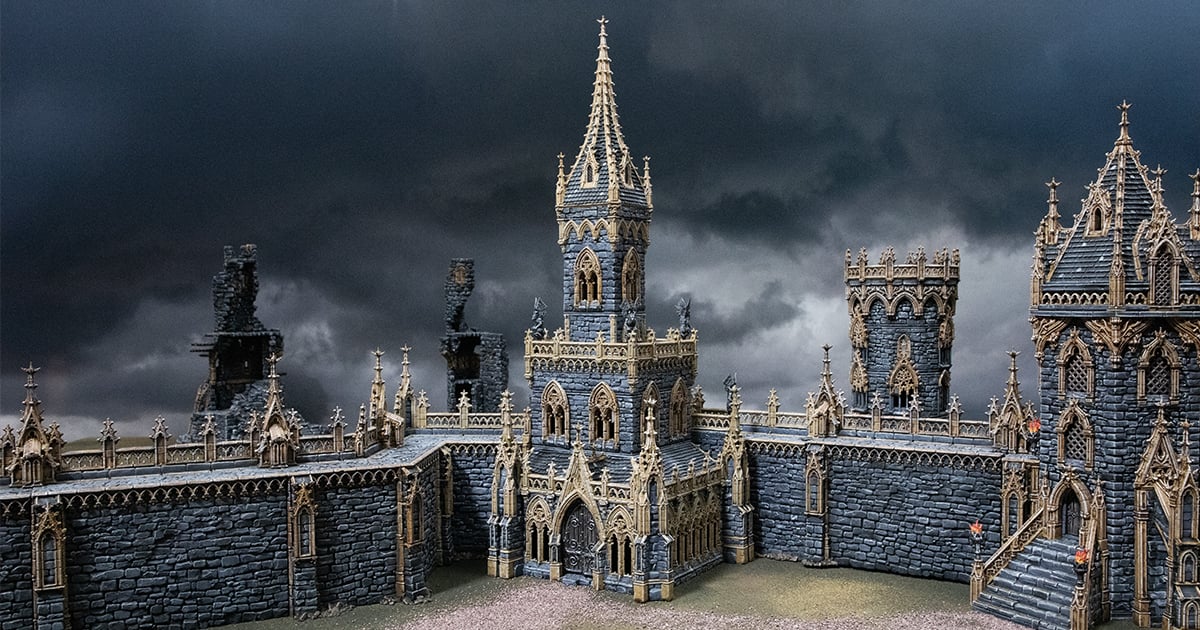 Combined, 3D printed, and Painted Cloister Tower from Darkness and Desolation for wargaming and Tabletop RPGs