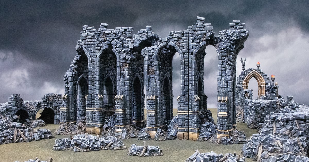 Combined 3D printed and Painted Trench system featuring the Blighted High Bridge from Darkness and Desolation for wargaming and Tabletop RPGs
