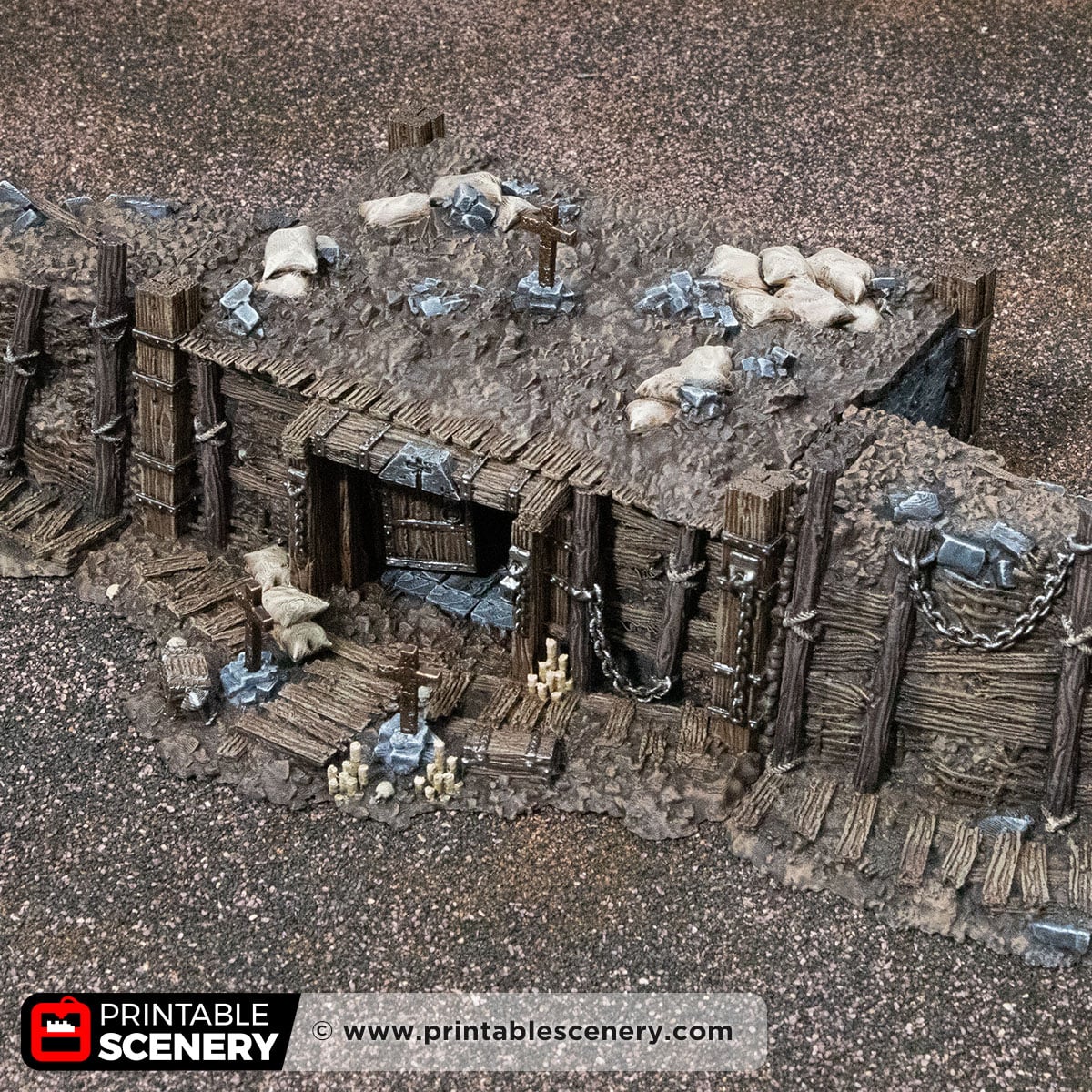 3D printed and Painted Wooden Dugout from Darkness and Desolation for wargaming and Tabletop RPGs