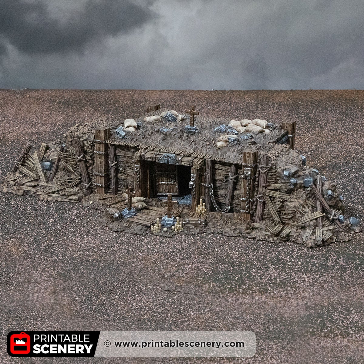 3D printed and Painted Wooden Dugout from Darkness and Desolation for wargaming and Tabletop RPGs