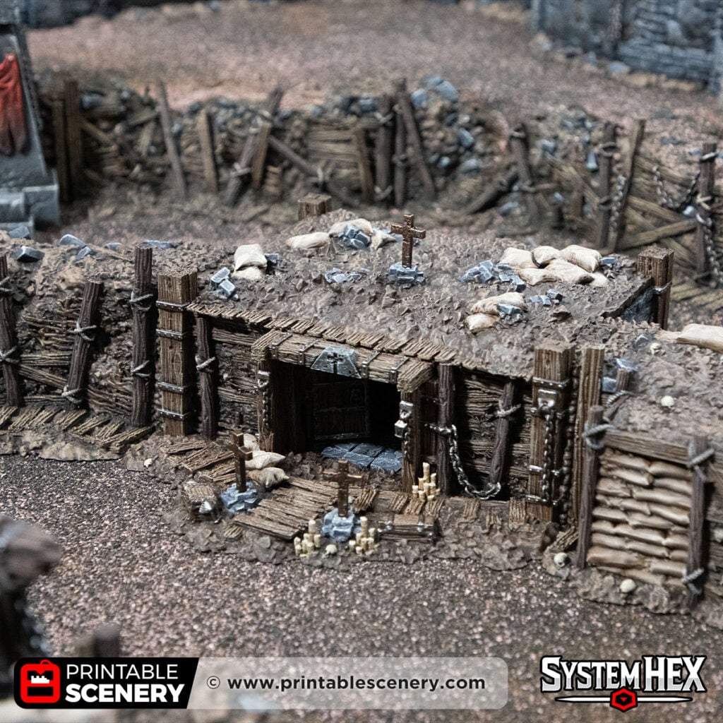 3D printed and Painted Wooden Dugout from Darkness and Desolation for wargaming and Tabletop RPGs