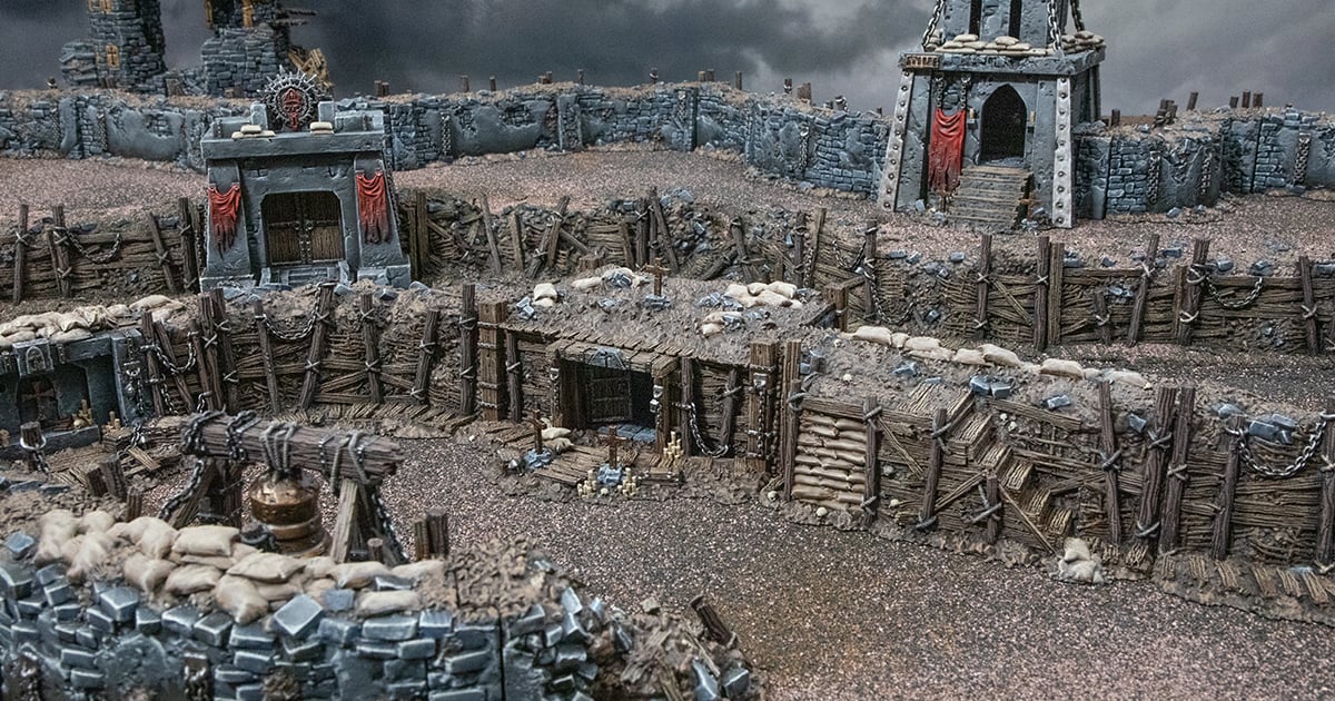 Combined 3D printed and Painted Trench system featuring the Wooden Dugout from Darkness and Desolation for wargaming and Tabletop RPGs
