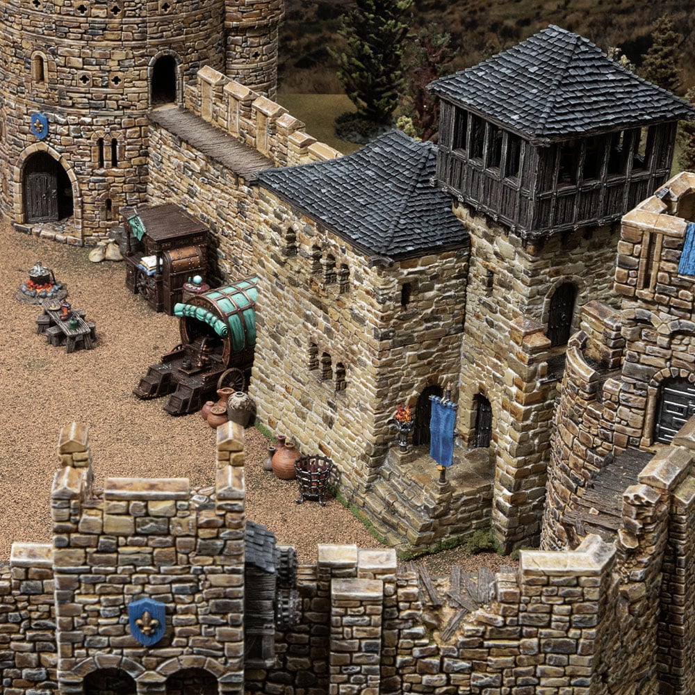 3D printed and Painted Castle Liness buildings integrated into a SystemHEX Castle layout