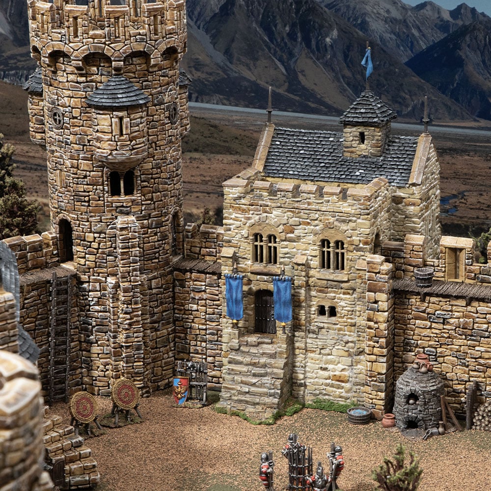 3D printed and Painted Castle Liness buildings integrated into a SystemHEX Castle layout