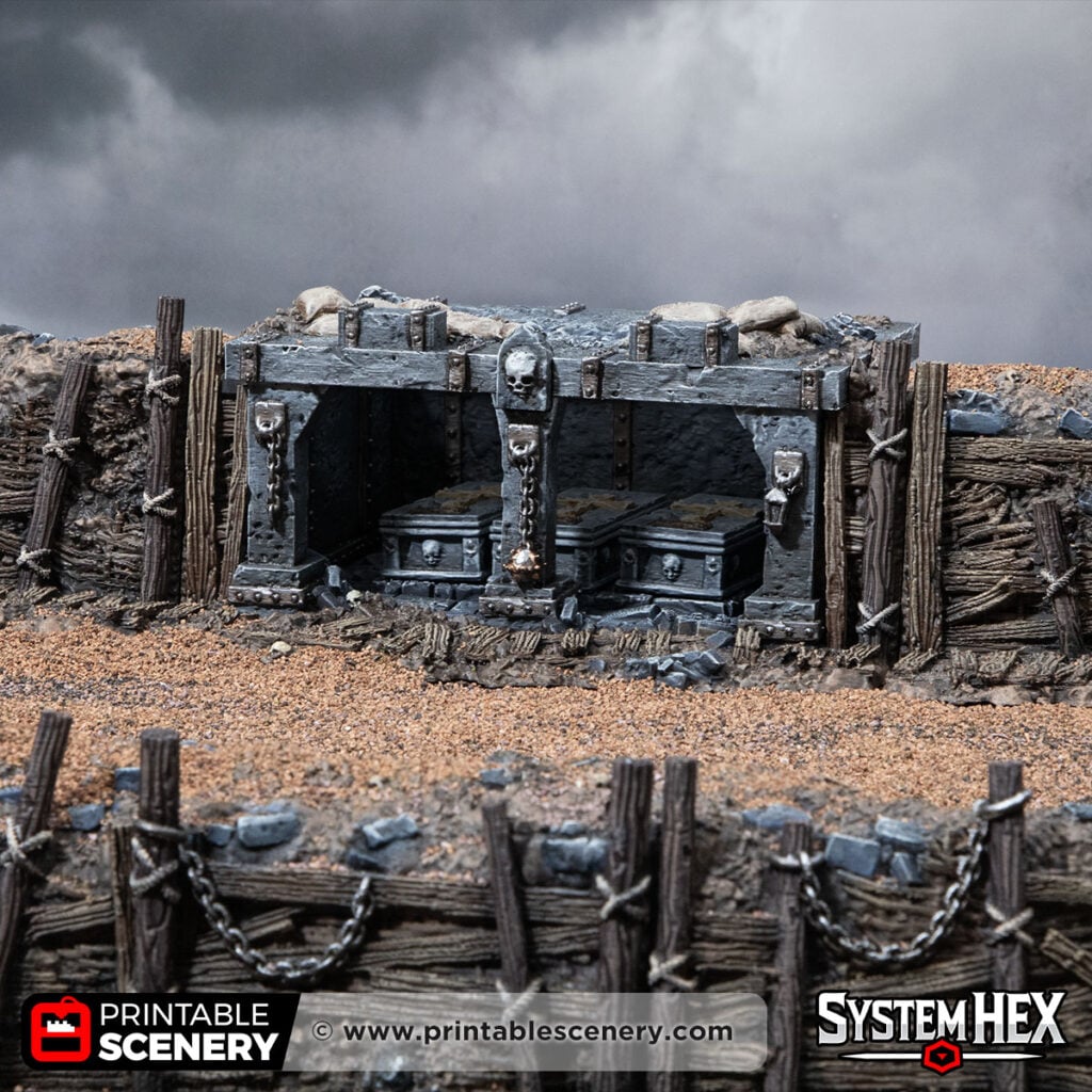 3D printed and Painted Trench Mausoleum from Darkness and Desolation for wargaming and Tabletop RPGs