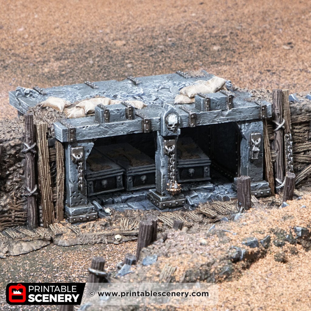 3D printed and Painted Trench Mausoleum from Darkness and Desolation for wargaming and Tabletop RPGs